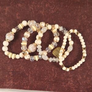 Elegant Gold and Cream Beaded Bracelet Set